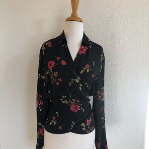 Ann Taylor 100% Silk Black Floral Print Wrap Blouse 8